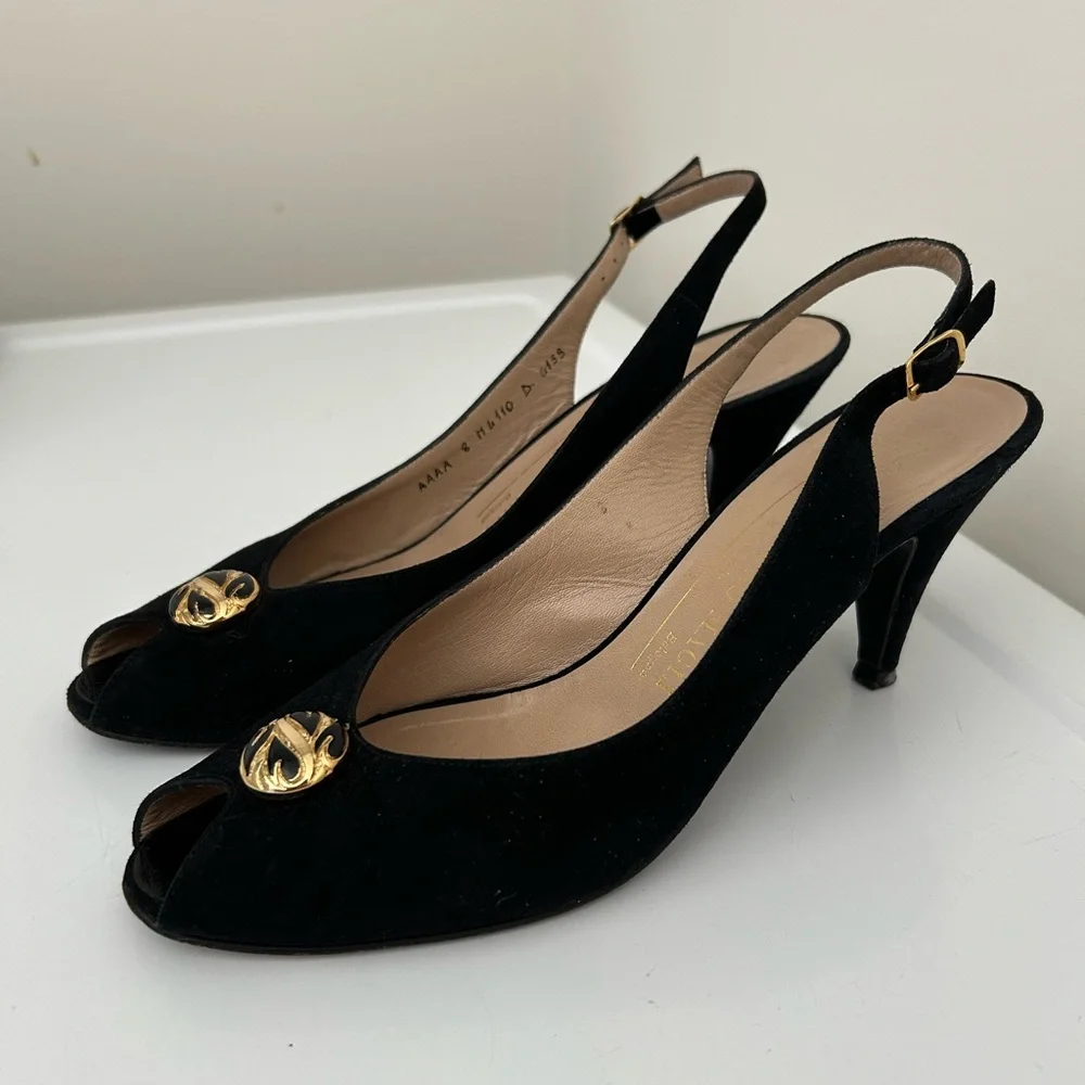 Bruno Magli Suede Peep Toe Slingback Heels Black Size 8 AAAA Extra Narrow